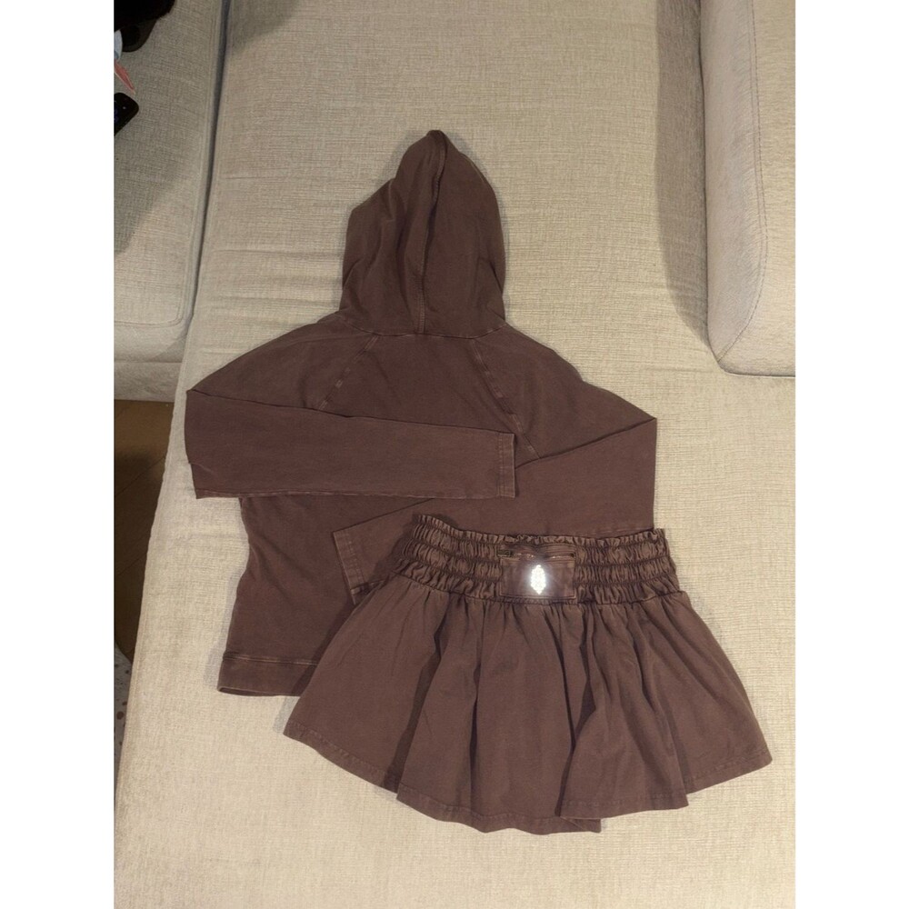 Free People Movement Hot Shot Smocked Skirt Set Hoodie Top Cocoa Medium NEW NWT - Picture 9 of 12